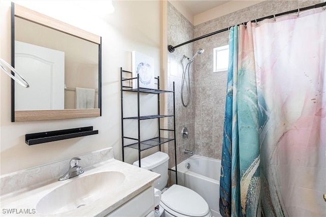 bathroom with vanity, toilet, and shower / bath combination with curtain