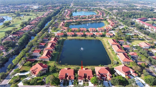birds eye view of property with a water view and a residential view