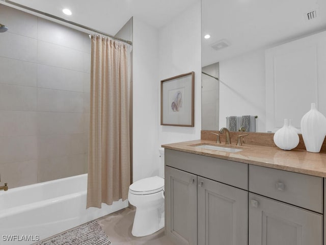 full bathroom featuring toilet, vanity, tile patterned flooring, shower / bathtub combination with curtain, and recessed lighting