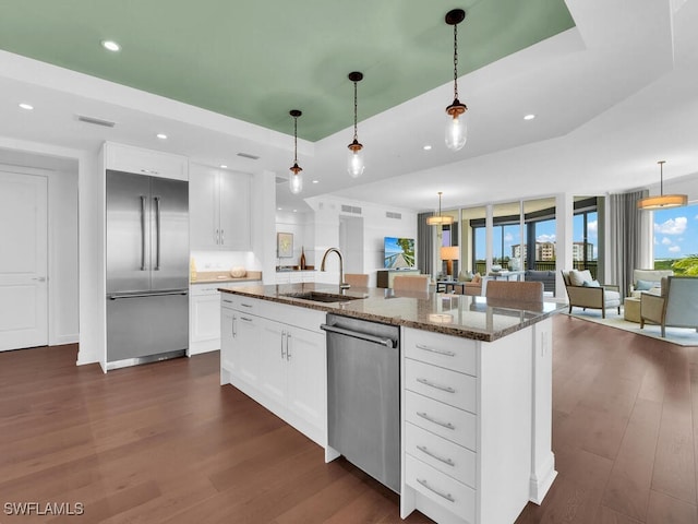 kitchen with appliances with stainless steel finishes, a sink, dark wood-style flooring, a raised ceiling, and open floor plan