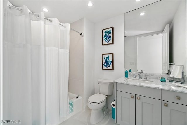 4800 Pelican Colony Blvd Unit 303, Bonita Springs, FL 34134 - full bathroom with toilet, vanity, recessed lighting, and shower / bathtub combination with curtain