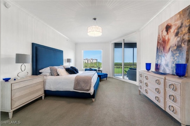 4800 Pelican Colony Blvd Unit 303, Bonita Springs, FL 34134 - bedroom with ornamental molding, access to exterior, carpet flooring, and a chandelier
