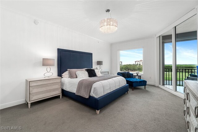 4800 Pelican Colony Blvd Unit 303, Bonita Springs, FL 34134 - carpeted bedroom featuring access to exterior, ornamental molding, and a chandelier