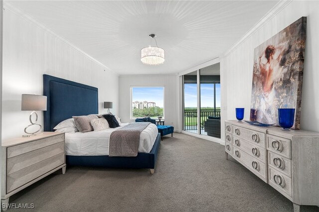 4800 Pelican Colony Blvd Unit 303, Bonita Springs, FL 34134 - bedroom featuring ornamental molding, access to exterior, carpet, and a chandelier