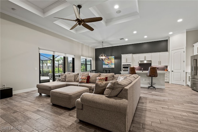 4424 Owens Way, Ave Maria, FL 34142 - living room with coffered ceiling, ornamental molding, recessed lighting, ceiling fan, and light wood-style floors