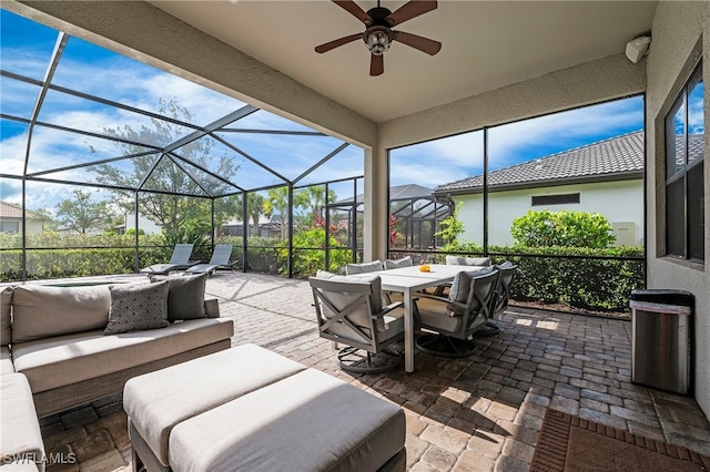 4424 Owens Way, Ave Maria, FL 34142 - view of patio / terrace with an outdoor hangout area, a lanai, and a ceiling fan
