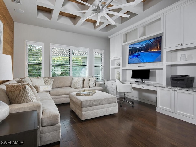 living room featuring coffered ceiling, dark wood-style floors, built in features, and beamed ceiling