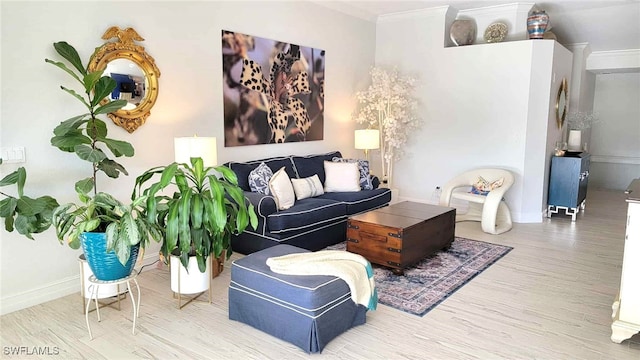 living room featuring crown molding, baseboards, and wood finished floors