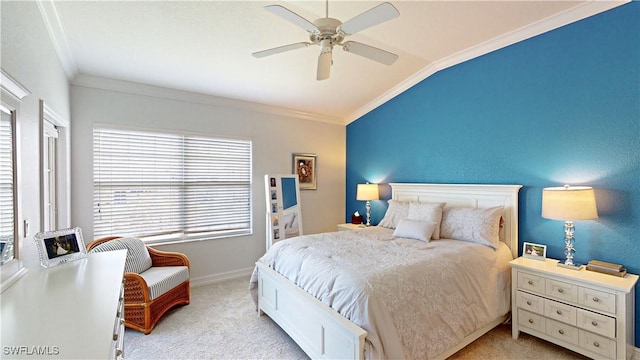 bedroom with ceiling fan, light colored carpet, baseboards, lofted ceiling, and ornamental molding