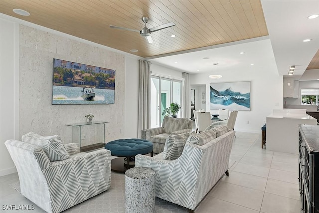 724 Plantation Ct, Marco Island, FL 34145 - living area with ceiling fan, wooden ceiling, light tile patterned floors, baseboards, and recessed lighting
