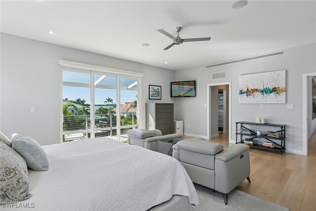 724 Plantation Ct, Marco Island, FL 34145 - bedroom featuring light wood finished floors, access to exterior, baseboards, recessed lighting, and ceiling fan