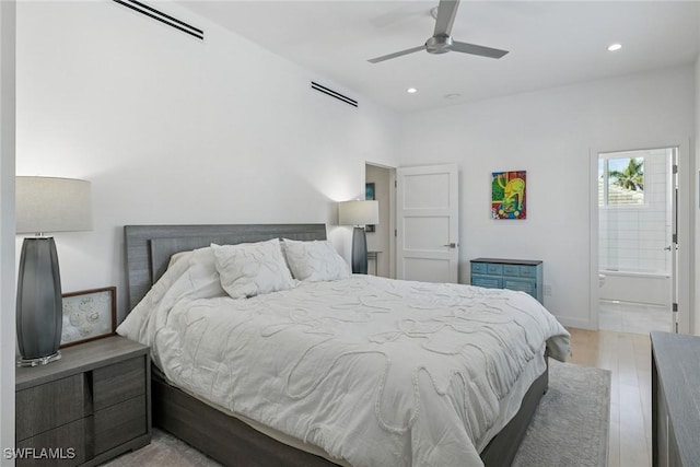 724 Plantation Ct, Marco Island, FL 34145 - bedroom with light wood finished floors, recessed lighting, ensuite bathroom, and ceiling fan