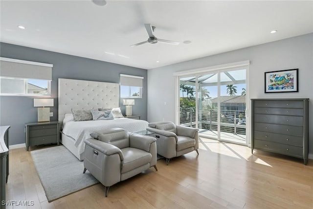 724 Plantation Ct, Marco Island, FL 34145 - bedroom featuring access to exterior, light wood-style flooring, a ceiling fan, and recessed lighting