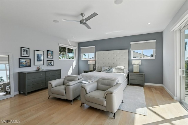 724 Plantation Ct, Marco Island, FL 34145 - bedroom featuring light wood-style floors, ceiling fan, access to outside, recessed lighting, and baseboards
