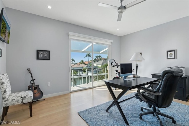 724 Plantation Ct, Marco Island, FL 34145 - office space with light wood-style floors, recessed lighting, baseboards, and a ceiling fan