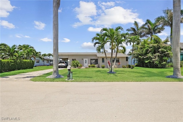 view of front of house with driveway, a front yard, and an attached carport