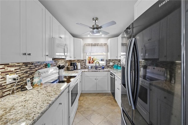 kitchen featuring ceiling fan, white cabinets, a sink, appliances with stainless steel finishes, and backsplash
