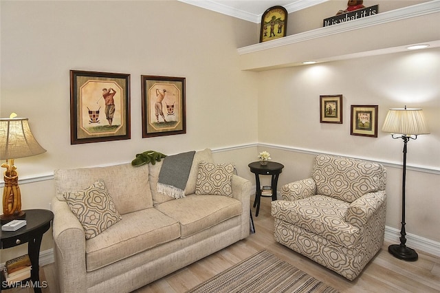 3665 Buttonwood Way Unit 1422, Naples, FL 34112 - living room featuring baseboards, ornamental molding, and wood finished floors