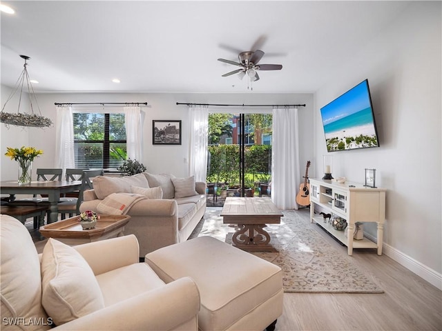 15780 Portofino Springs Blvd Unit 106, Fort Myers, FL 33908 - living room featuring recessed lighting, baseboards, ceiling fan, and light wood-type flooring