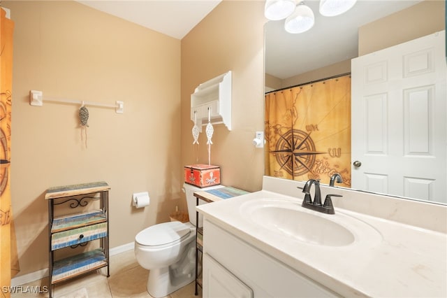 full bath featuring vanity, tile patterned floors, toilet, and a shower with shower curtain