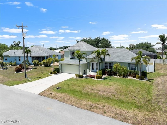 209 SE 3rd Ter, Cape Coral, FL 33990 - split level home featuring driveway, french doors, an attached garage, stucco siding, and a front lawn