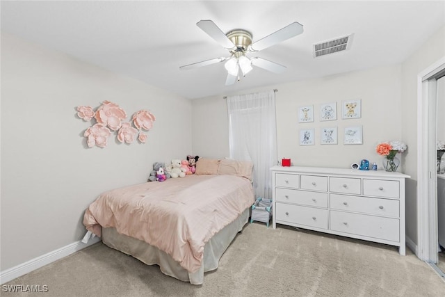 209 SE 3rd Ter, Cape Coral, FL 33990 - bedroom with visible vents, baseboards, ceiling fan, and light carpet