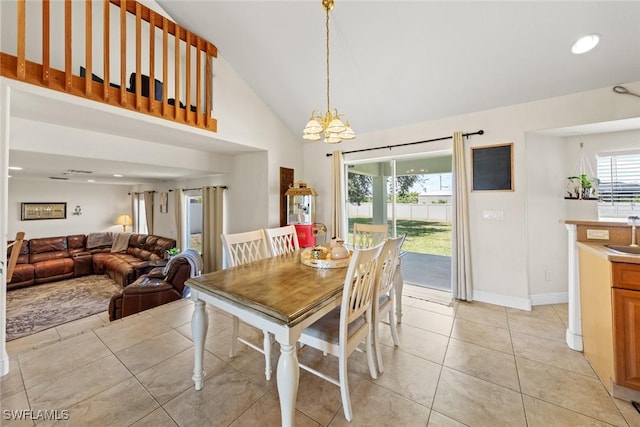 209 SE 3rd Ter, Cape Coral, FL 33990 - dining space featuring recessed lighting, light tile patterned floors, baseboards, a chandelier, and high vaulted ceiling