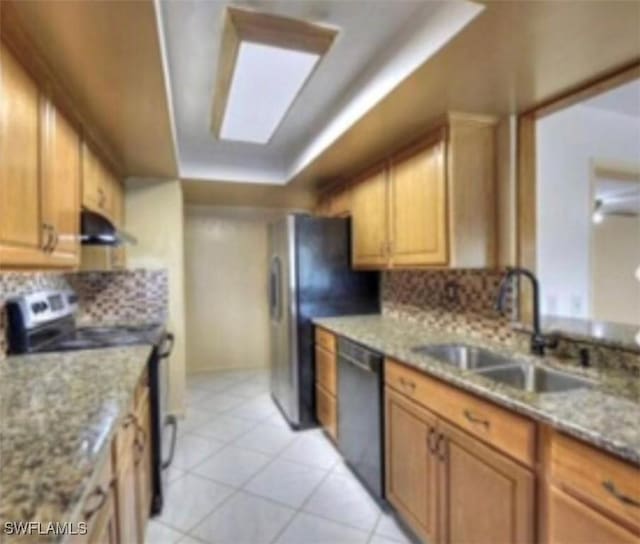 303 Georgia Ave, Fort Myers, FL 33905 - kitchen featuring a sink, tasteful backsplash, black dishwasher, ventilation hood, and stainless steel range with electric cooktop
