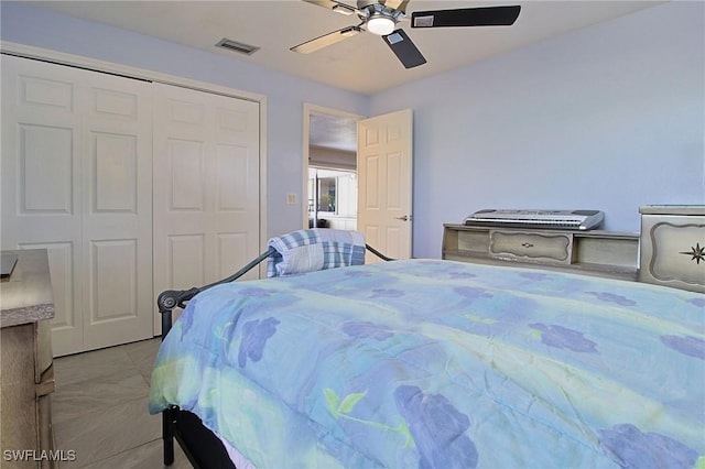 147 Coral Dr, Fort Myers, FL 33905 - bedroom featuring ceiling fan, a closet, and visible vents