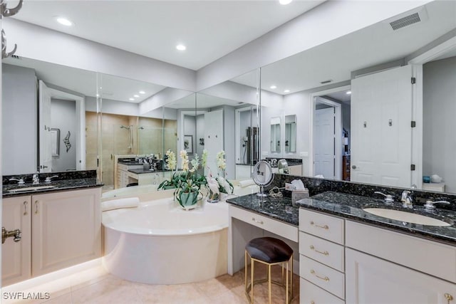 full bath featuring a bath, visible vents, a stall shower, a sink, and recessed lighting