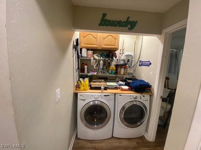 laundry area featuring washing machine and clothes dryer, laundry area, and wood finished floors