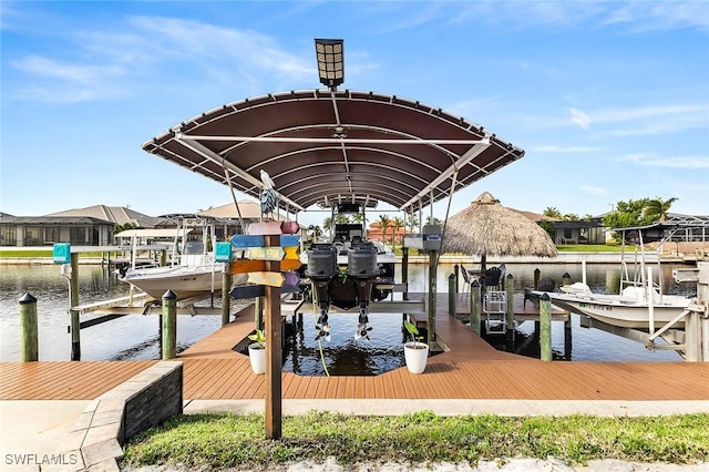 view of dock with a water view and boat lift