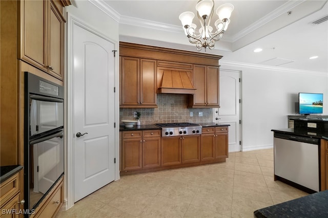 kitchen featuring brown cabinets, dark countertops, appliances with stainless steel finishes, tasteful backsplash, and visible vents