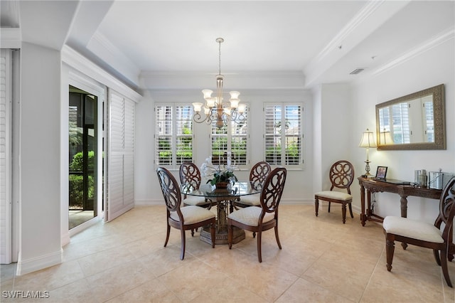 dining area featuring crown molding, baseboards, light tile patterned floors, and a notable chandelier