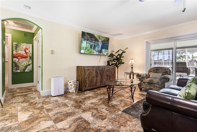 5122 Santa Rosa Ct, Cape Coral, FL 33904 - living area with visible vents, ornamental molding, baseboards, arched walkways, and stone finish flooring