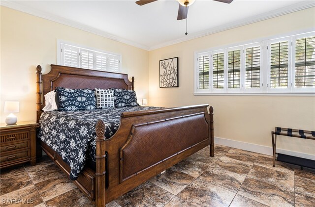5122 Santa Rosa Ct, Cape Coral, FL 33904 - bedroom featuring baseboards, ornamental molding, stone finish floor, and a ceiling fan