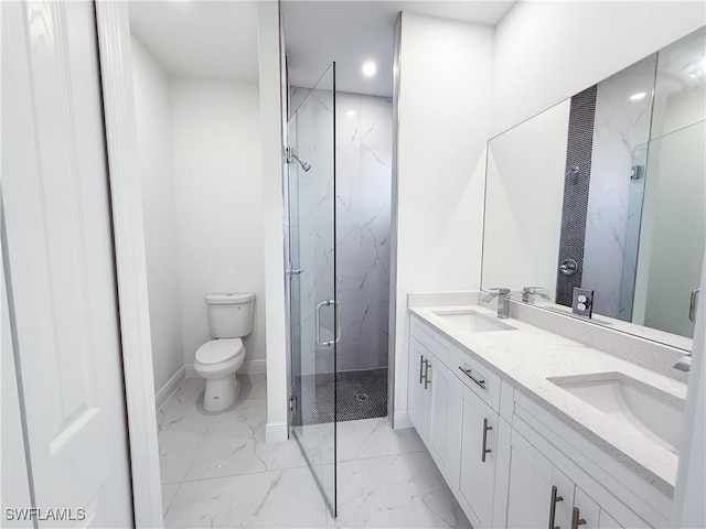 2703 42nd St SW, Lehigh Acres, FL 33976 - bathroom featuring marble look tile flooring, a marble finish shower, toilet, and baseboards