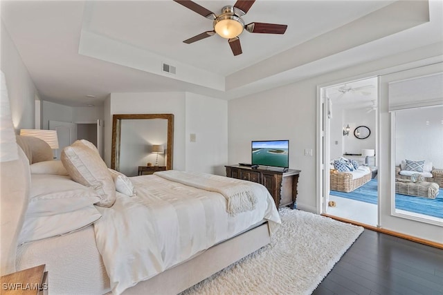2000 Royal Marco Way Unit 607, Marco Island, FL 34145 - bedroom featuring hardwood / wood-style flooring, a raised ceiling, ceiling fan, baseboards, and access to exterior