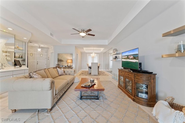 2000 Royal Marco Way Unit 607, Marco Island, FL 34145 - living room with ceiling fan, a raised ceiling, and recessed lighting