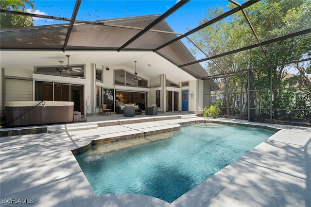 1904 Timberline Dr, Naples, FL 34109 - outdoor pool featuring a hot tub, ceiling fan, a patio area, outdoor lounge area, and a lanai