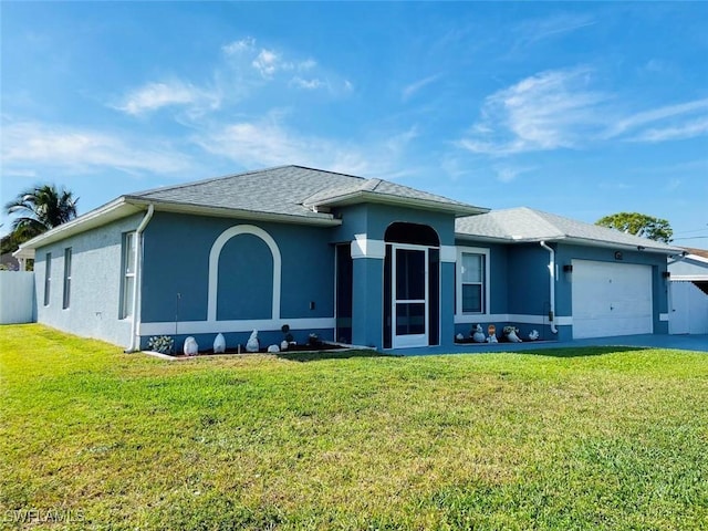 single story home with stucco siding, an attached garage, concrete driveway, and roof with shingles