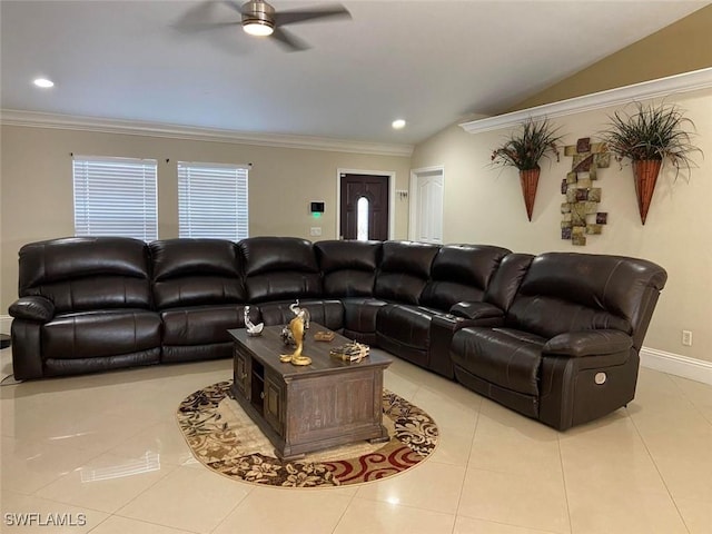 living room featuring ceiling fan, light tile patterned floors, crown molding, baseboards, and recessed lighting