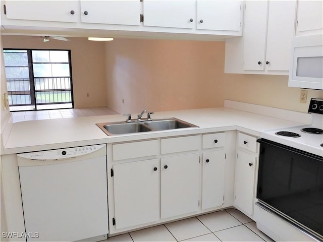 9265 Lake Park Dr Unit 201, Fort Myers, FL 33919 - kitchen with a ceiling fan, white appliances, light countertops, white cabinets, and a sink