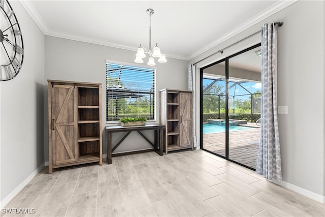 17186 Ashcomb Way, Estero, FL 33928 - unfurnished dining area featuring ornamental molding, a chandelier, baseboards, and light wood-style flooring