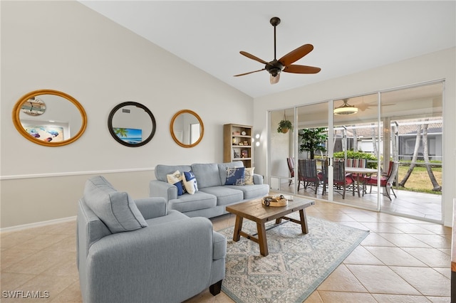 living room featuring light tile patterned flooring, ceiling fan, and high vaulted ceiling
