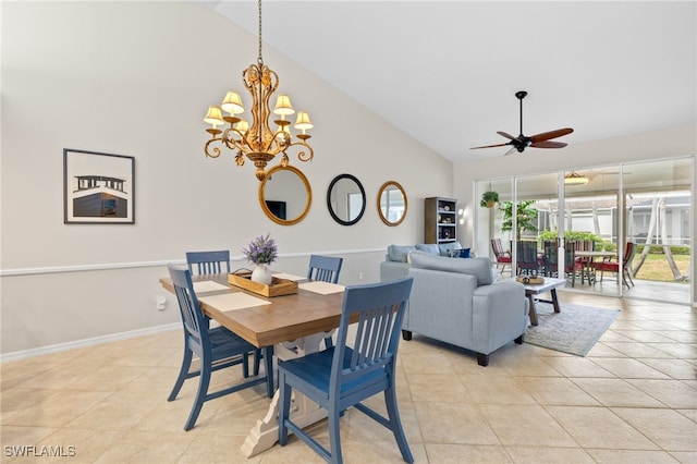 dining space featuring baseboards, high vaulted ceiling, light tile patterned floors, and ceiling fan with notable chandelier