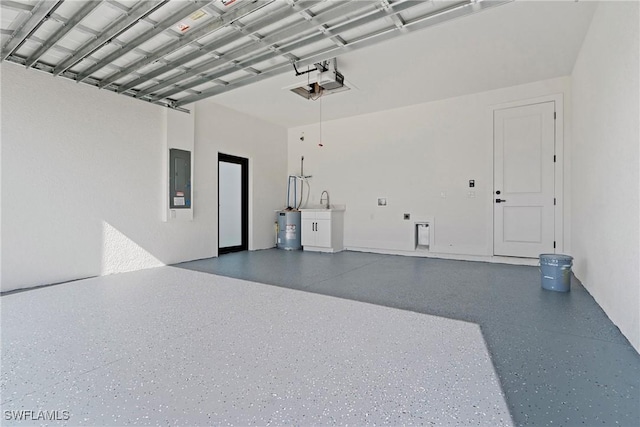 garage featuring a garage door opener, electric panel, and electric water heater
