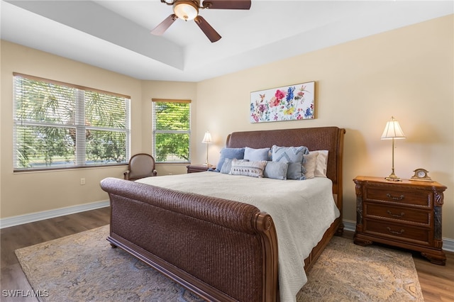 9280 Triana Ter Unit 234, Fort Myers, FL 33912 - bedroom with wood finished floors, ceiling fan, a raised ceiling, and baseboards