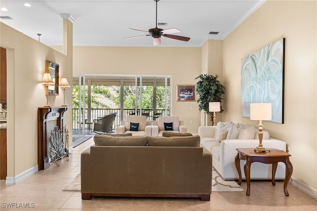 9280 Triana Ter Unit 234, Fort Myers, FL 33912 - living area featuring ceiling fan, light tile patterned floors, baseboards, crown molding, and recessed lighting
