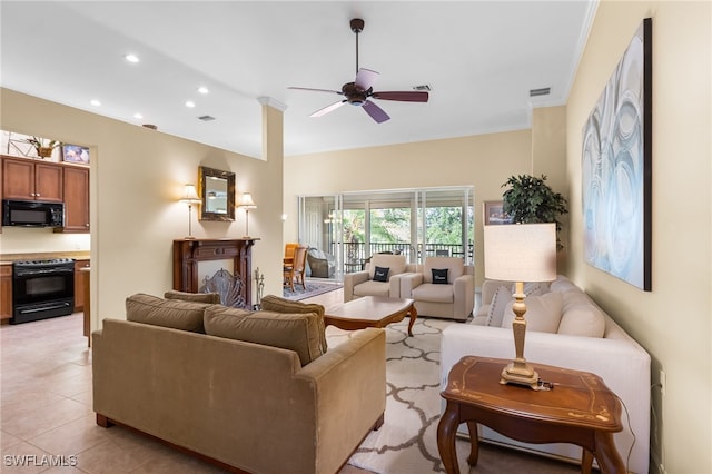 9280 Triana Ter Unit 234, Fort Myers, FL 33912 - living room featuring ceiling fan, recessed lighting, light tile patterned flooring, and crown molding